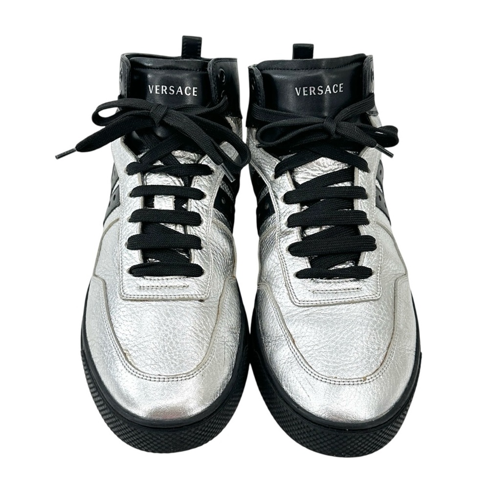VERSACE Silver & Black Metallic Leather High Top Lace Up Sneakers sz 41